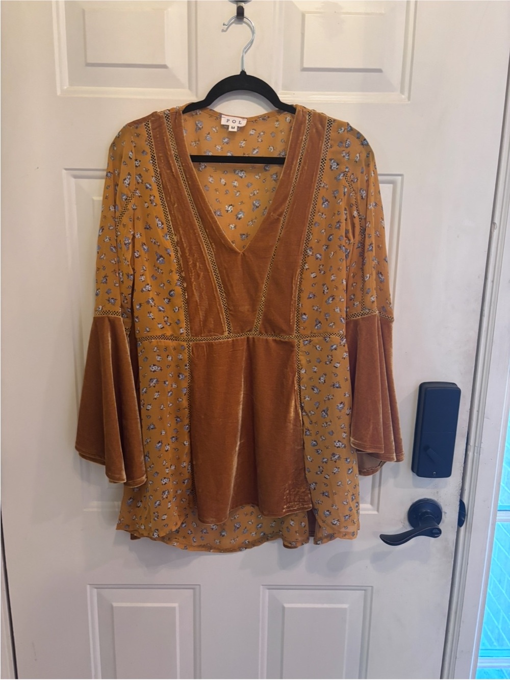 POL Boho Mustard Floral Velvet-Panel V-Neck Bell Sleeve Tunic - Picture 2 of 4